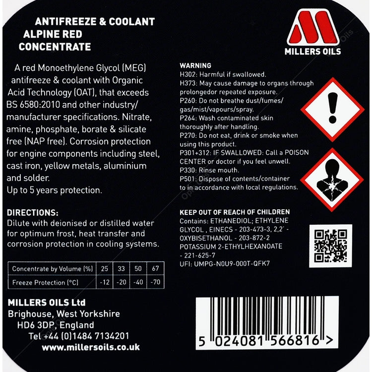 Millers Oils Alpine Red Antifreeze & Coolant Concentrate